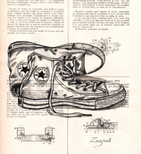 Dessin à l'encre de chine sur page de vieux recueil de brevet. Tableau unique fait main