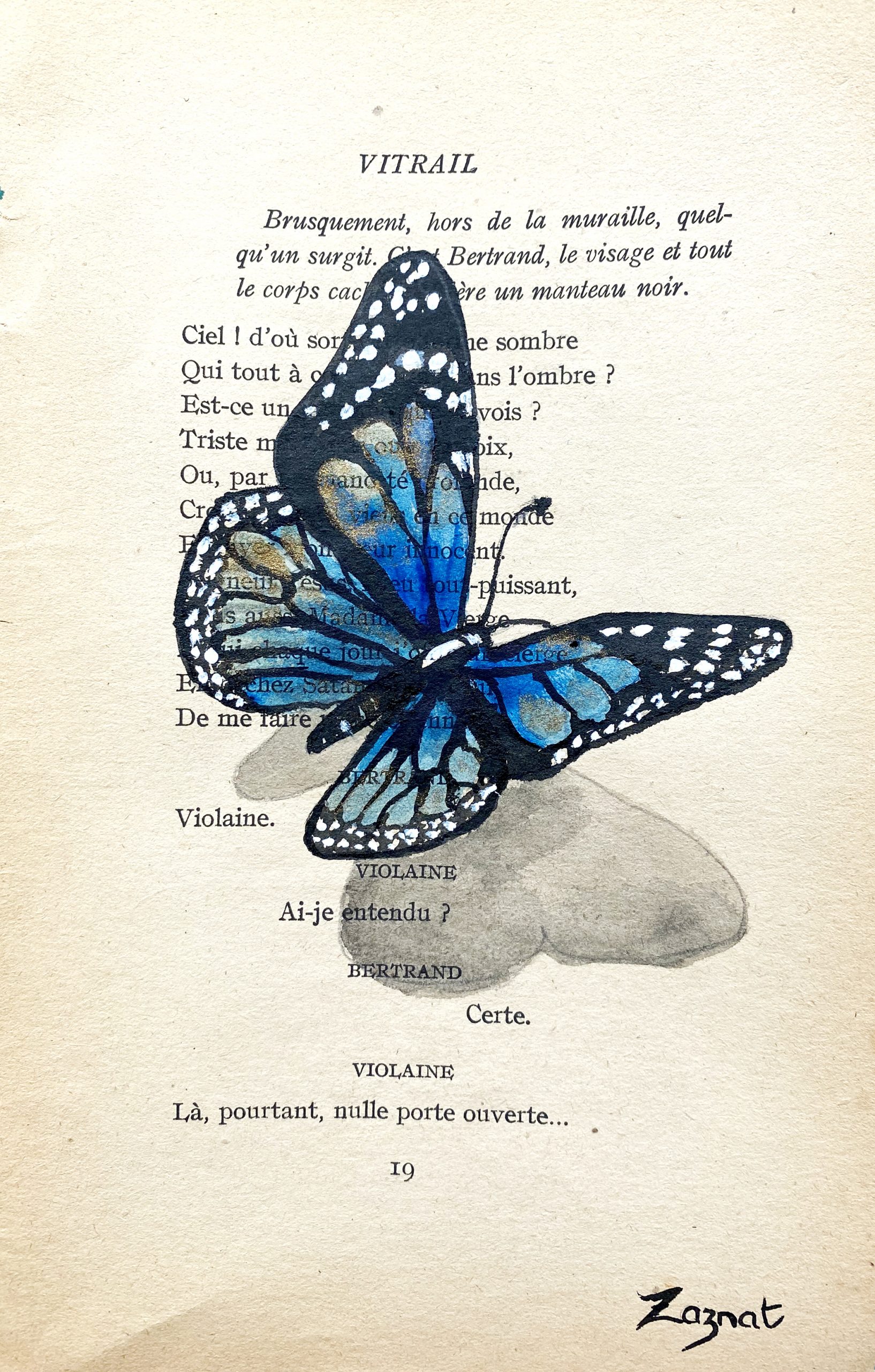 Dessin à l'encre de chine et aquarelles sur page de vieux recueil de brevet. Tableau unique fait main