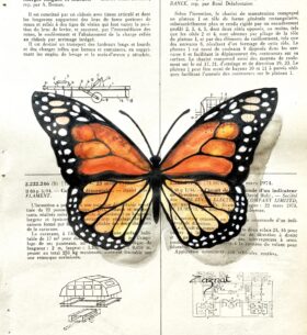 Aquarelles et encre de chine sur page de vieux recueil de brevet. Tableau unique fait main