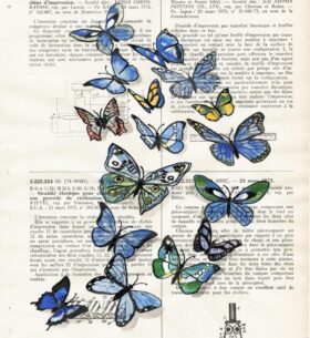 Dessin à l'encre de chine et aquarelles sur page de vieux recueil de brevet. Tableau unique fait main