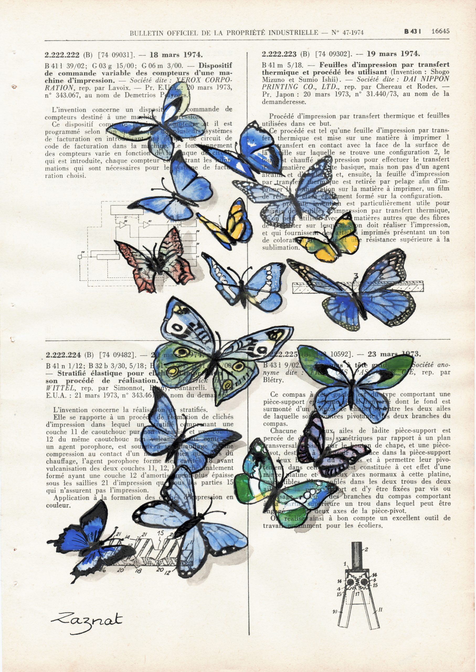 Dessin à l'encre de chine et aquarelles sur page de vieux recueil de brevet. Tableau unique fait main