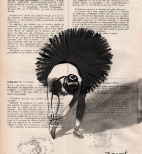 Dessin à l'encre de chine sur page de vieux recueil de brevet. Tableau unique fait main