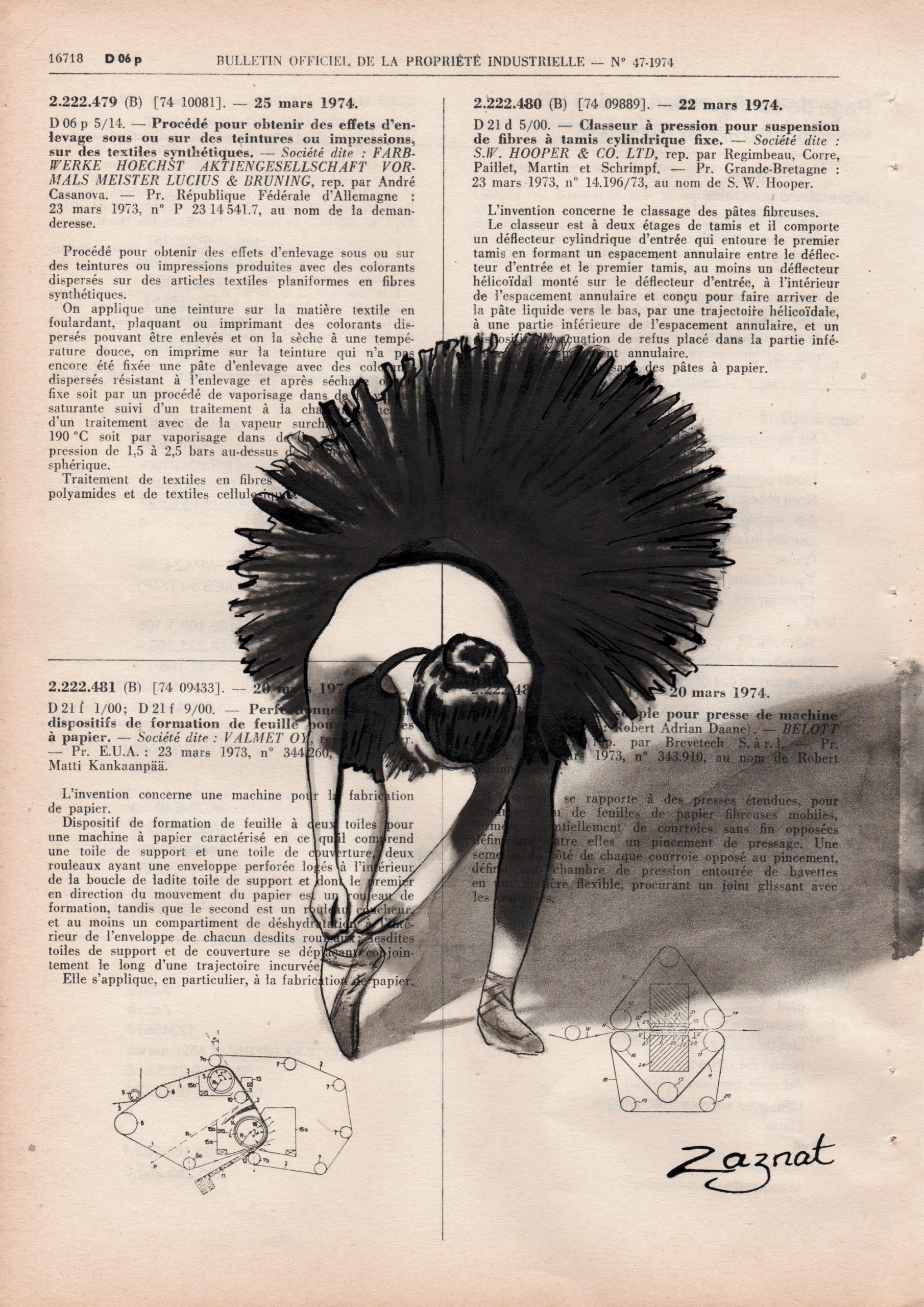 Dessin Ă l'encre de chine sur page de vieux recueil de brevet. Tableau unique fait main