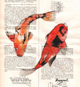 Aquarelles et encre de chine sur page de vieux recueil de brevet. Tableau unique fait main