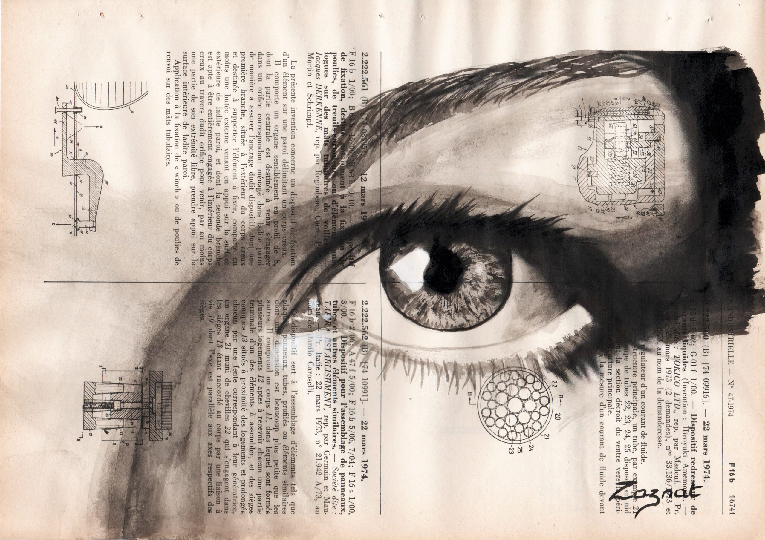 Dessin à l'encre de chine sur page de vieux recueil de brevet. Tableau unique fait main