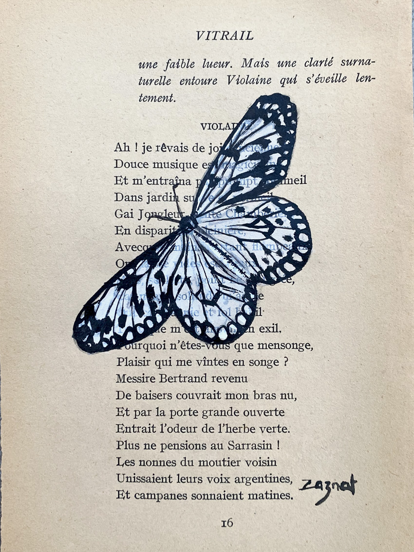 Peinture et encre de chine sur page d'un livre ancien. Modèle unique. Dimension 11 x 18 cm. Prix sans cadre. Si vous souhaitez un proposition d'encadrement