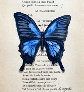 Aquarelle et encre de chine sur page d'un livre ancien. Modèle unique. Dimension 11 x 18 cm. Prix sans cadre.