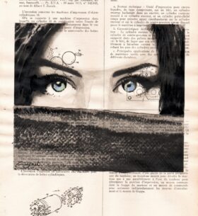 Dessin à l'encre de chine et aquarelles sur page de vieux recueil de brevet. Tableau unique fait main