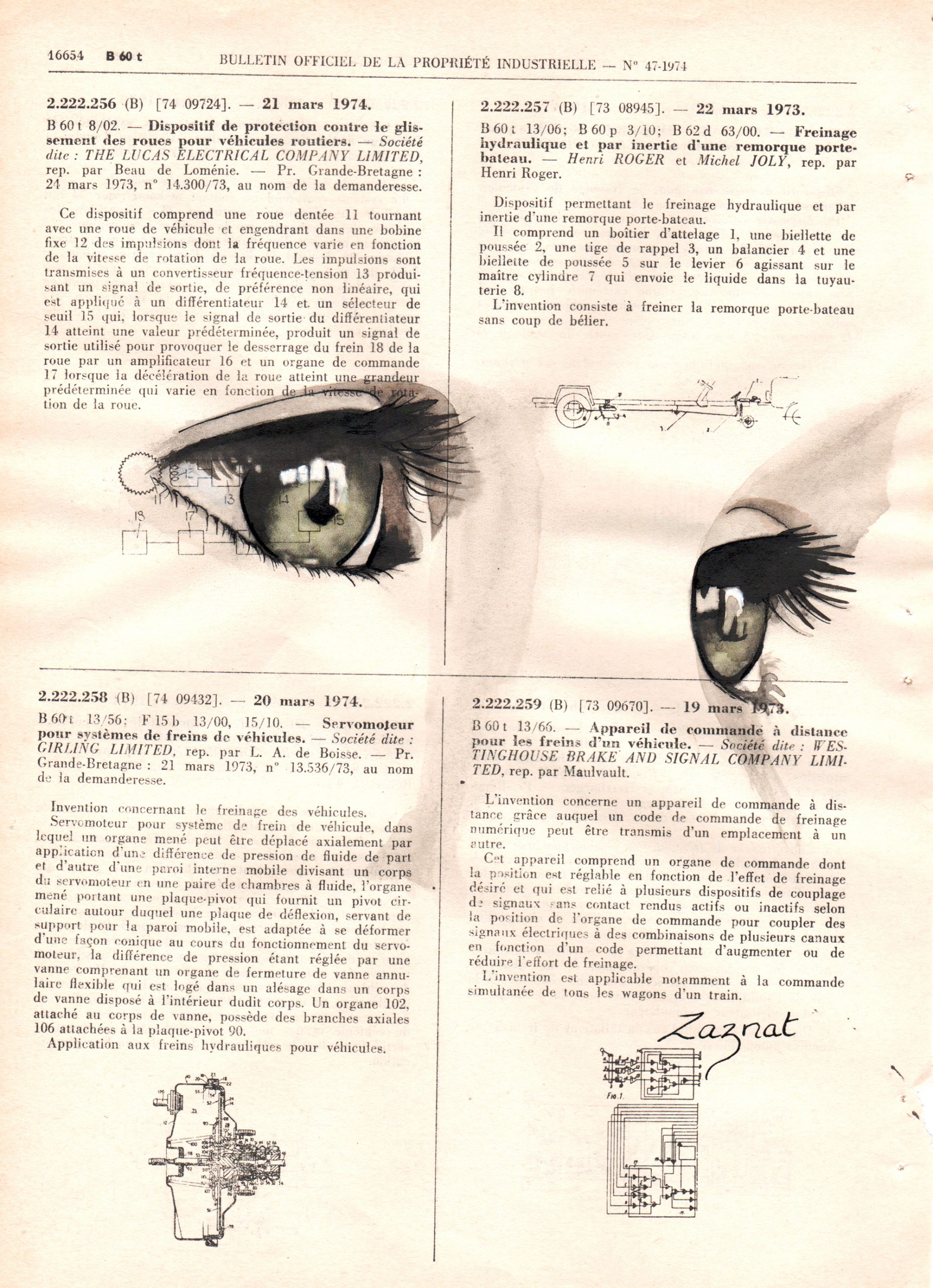 Dessin à l'encre de chine et aquarelles sur page de vieux recueil de brevet. Tableau unique fait main